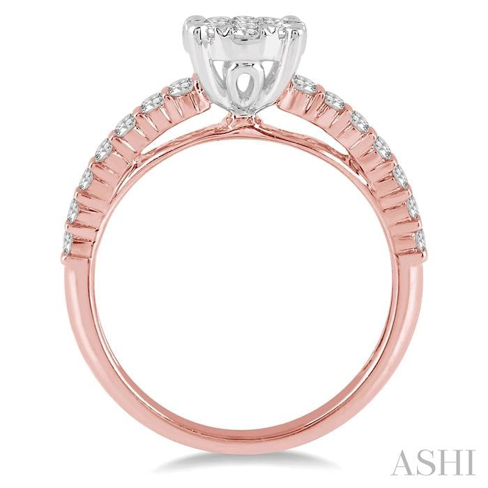 7/8 Ctw Round Shape Lovebright Diamond Cluster Ring in 14K Rose and White Gold