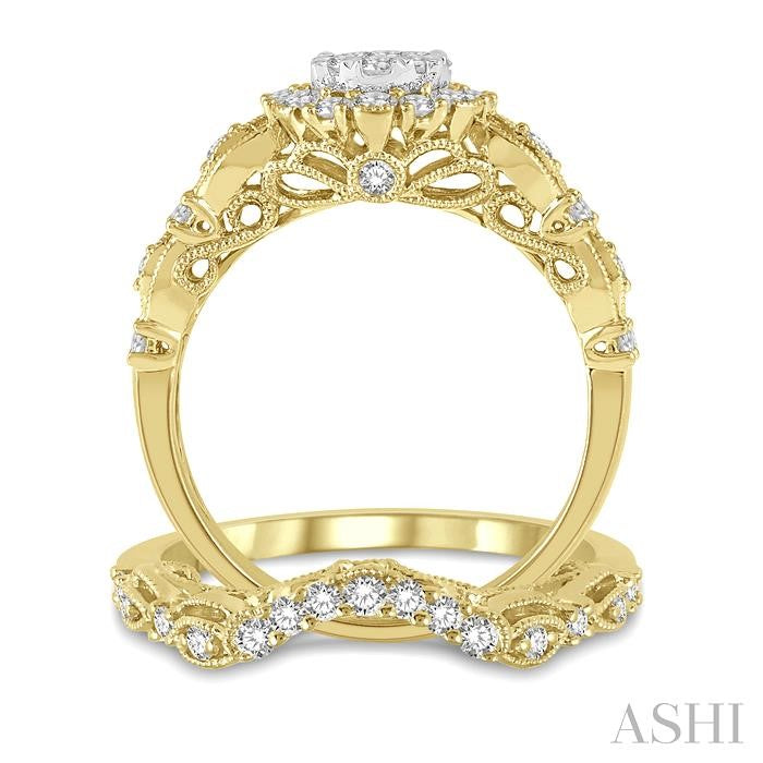 7/8 Ctw Diamond Lovebright Wedding Set with 3/4 Ctw Engagement Ring and 1/5 Ctw Wedding Band in 14K Yellow and White Gold