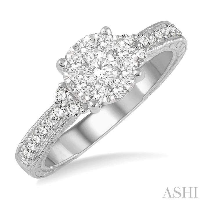 5/8 Ctw Round Shape Lovebright Diamond Cluster Ring in 14K White Gold