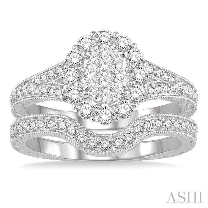 7/8 Ctw Lovebright Diamond Wedding Set With 3/4 Ctw Oval Shape Engagement Ring and 1/6 Ctw Wedding Band in 14K White Gold