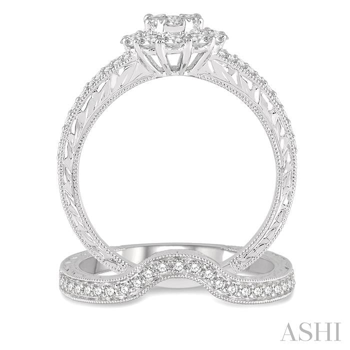 7/8 Ctw Lovebright Diamond Wedding Set With 3/4 Ctw Oval Shape Engagement Ring and 1/6 Ctw Wedding Band in 14K White Gold