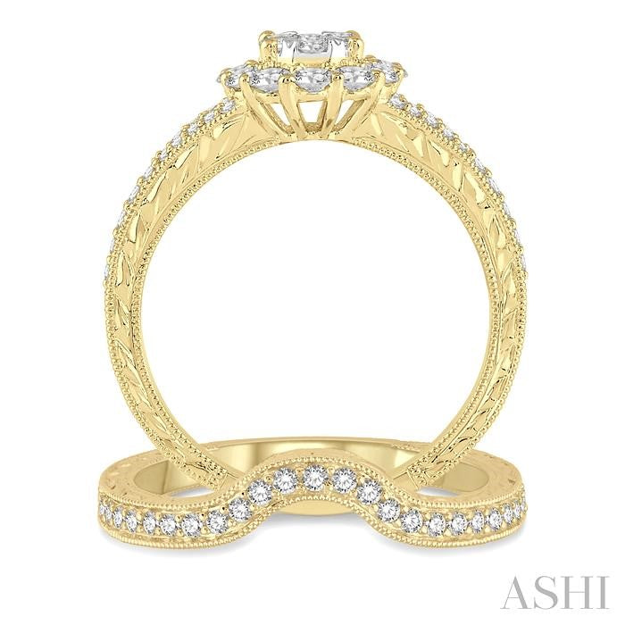 7/8 Ctw Lovebright Diamond Wedding Set With 3/4 Ctw Oval Shape Engagement Ring and 1/6 Ctw Wedding Band in 14K Yellow and White Gold