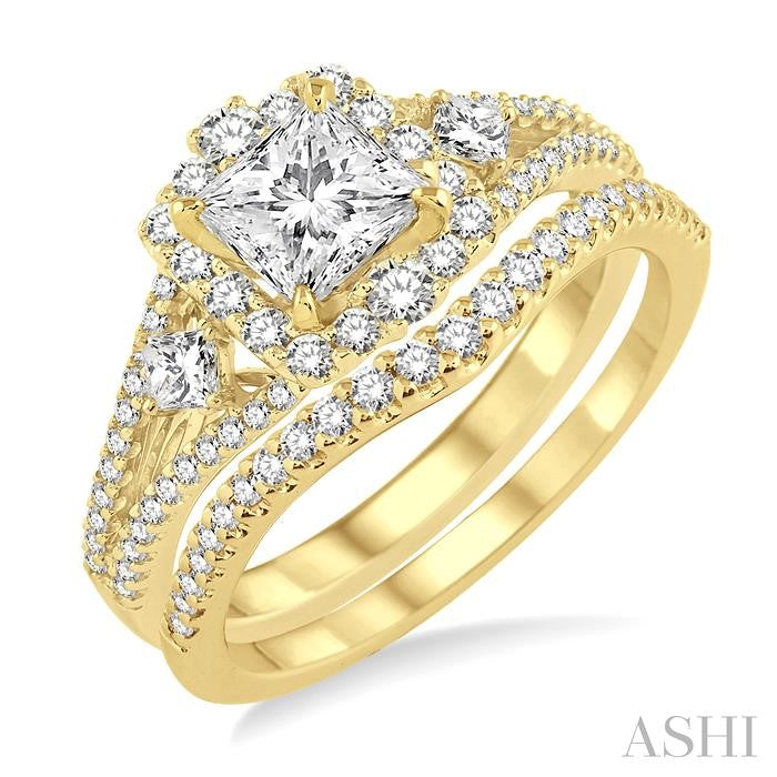 1 Ctw Diamond Wedding Set with 7/8 Ctw Princess Cut Engagement Ring and 1/6 Ctw Wedding Band in 14K Yellow Gold