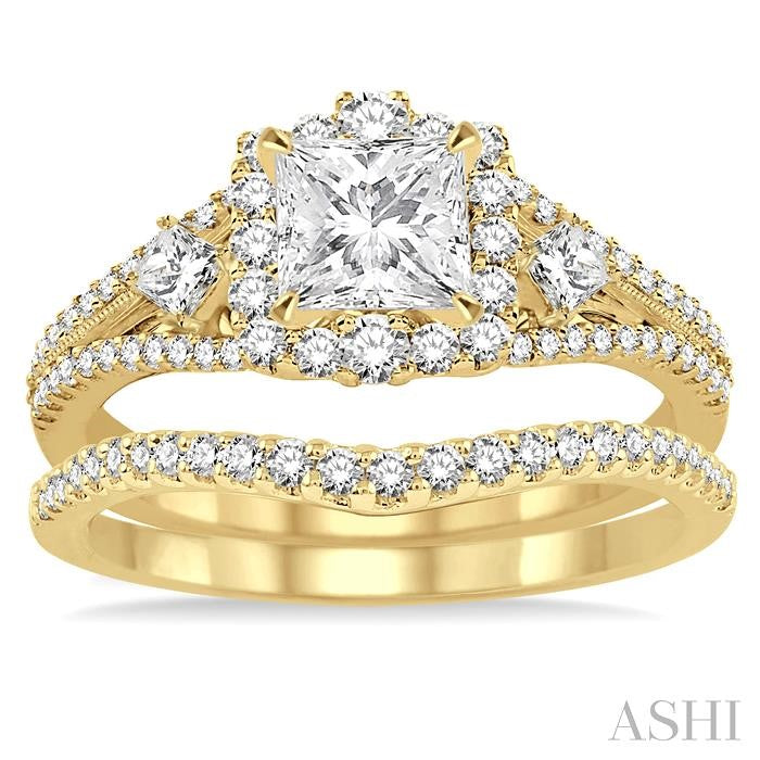 1 Ctw Diamond Wedding Set with 7/8 Ctw Princess Cut Engagement Ring and 1/6 Ctw Wedding Band in 14K Yellow Gold