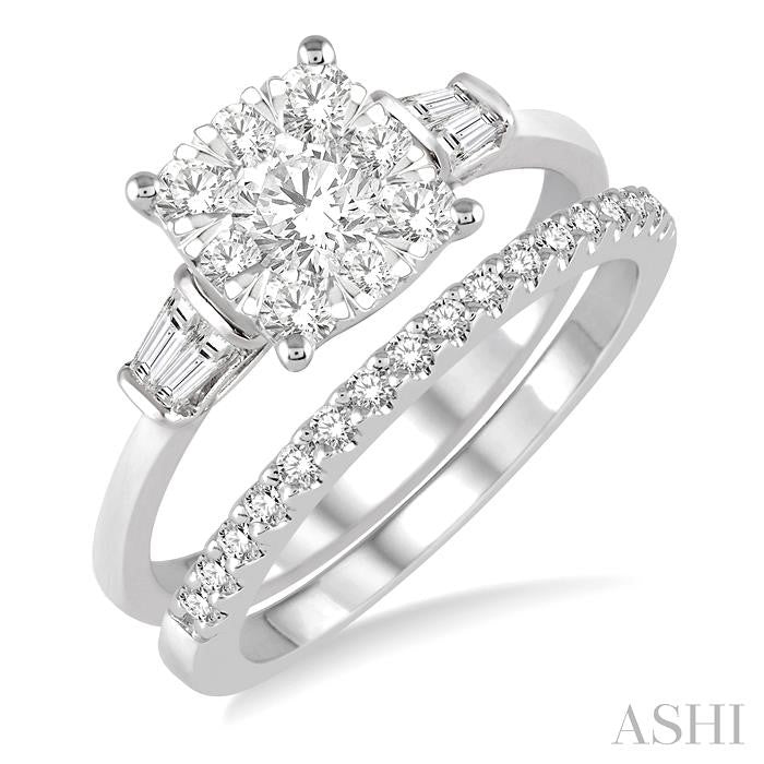7/8 Ctw Lovebright Baguette and Round Cut Diamond Wedding Set With 3/4 Ctw Cushion Mount Engagement Ring and 1/6 Ctw Wedding Band in 14K White Gold