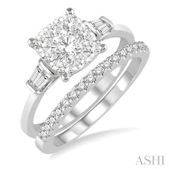 7/8 Ctw Lovebright Baguette and Round Cut Diamond Wedding Set With 3/4 Ctw Cushion Mount Engagement Ring and 1/6 Ctw Wedding Band in 14K White Gold
