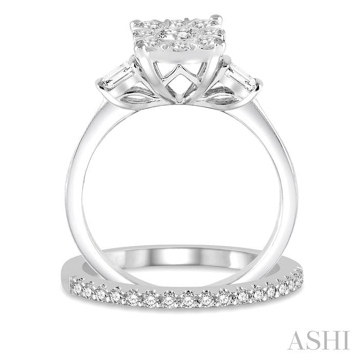 7/8 Ctw Lovebright Baguette and Round Cut Diamond Wedding Set With 3/4 Ctw Cushion Mount Engagement Ring and 1/6 Ctw Wedding Band in 14K White Gold