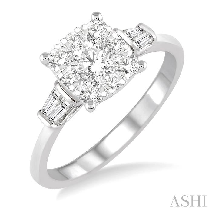 3/4 Ctw Cushion Mount Lovebright Baguette and Round Cut Diamond Cluster Ring in 14K White Gold