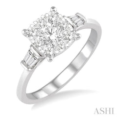 3/4 Ctw Cushion Mount Lovebright Baguette and Round Cut Diamond Cluster Ring in 14K White Gold