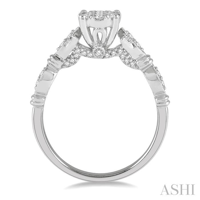 1/2 Ctw Marquise Shank Circular Mount Lovebright Round Cut Diamond Ring in 14K White Gold