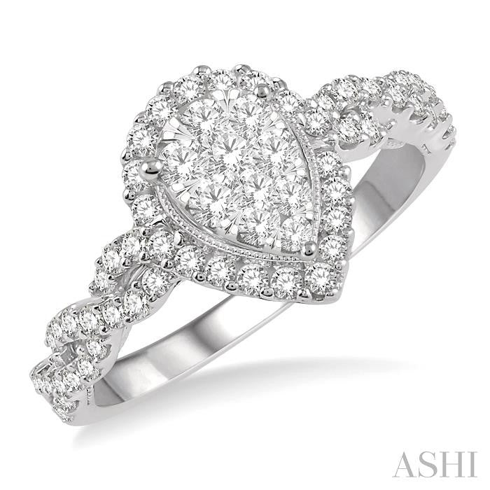 1 Ctw Entwined Pear Shape Lovebright Round Cut Diamond Ring in 14K White Gold