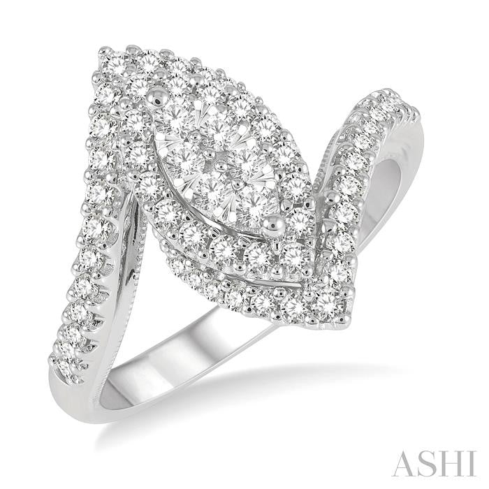 5/8 Ctw Marquise Shape Bypass Shank Lovebright Round Cut Diamond Engagement Ring in 14K White Gold