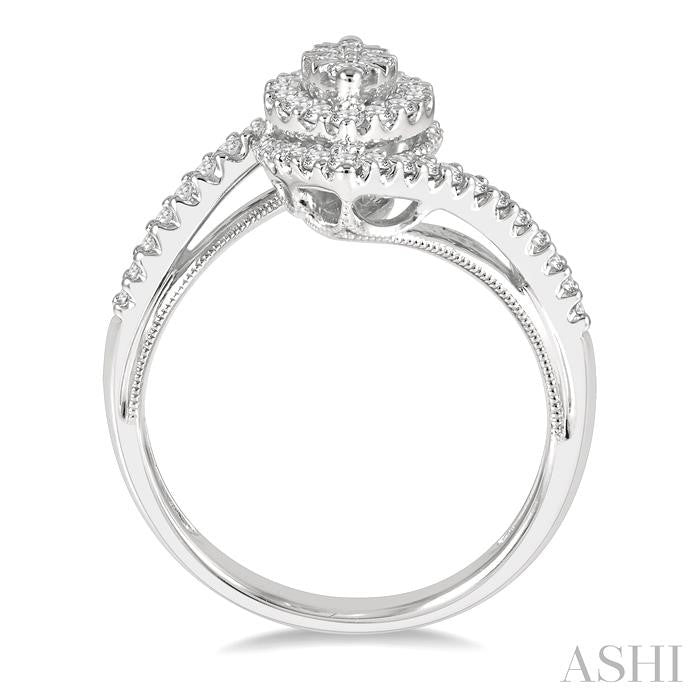 5/8 Ctw Marquise Shape Bypass Shank Lovebright Round Cut Diamond Engagement Ring in 14K White Gold