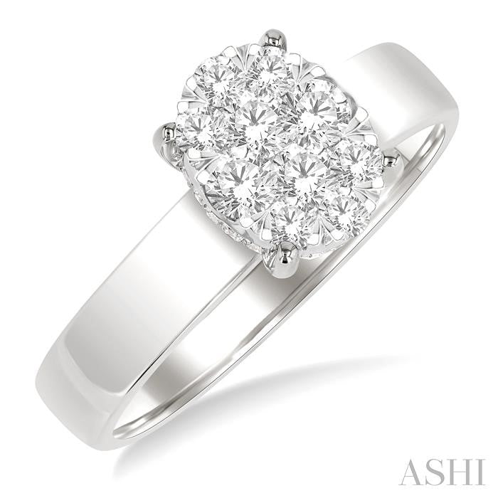 1/2 Ctw Bold Shank Oval Shaped Lovebright Round Cut Diamond Ring in 14K White Gold