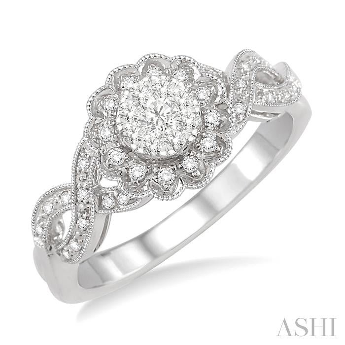 1/3 Ctw Floral Center Twisted Shank Lovebright Round Cut Diamond Engagement Ring in 14K White Gold
