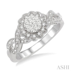 1/3 Ctw Floral Center Twisted Shank Lovebright Round Cut Diamond Engagement Ring in 14K White Gold