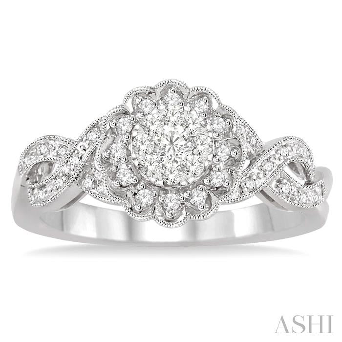 1/3 Ctw Floral Center Twisted Shank Lovebright Round Cut Diamond Engagement Ring in 14K White Gold