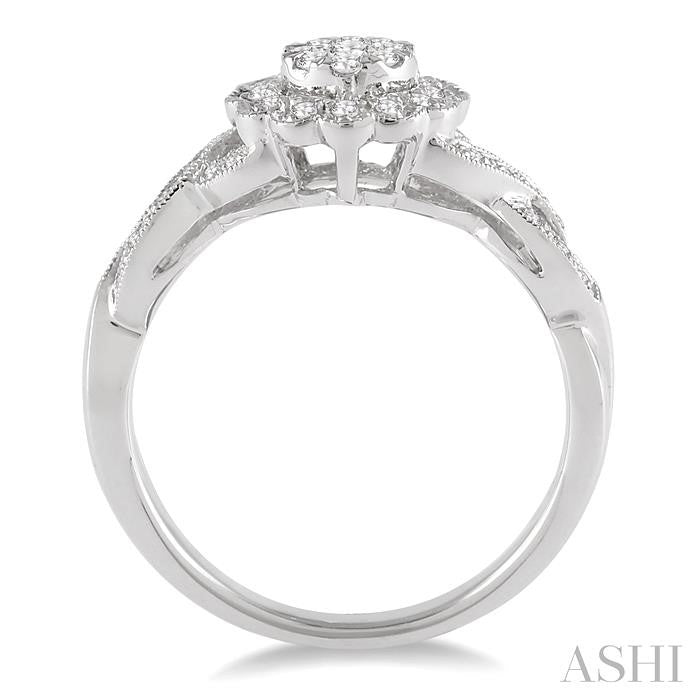 1/3 Ctw Floral Center Twisted Shank Lovebright Round Cut Diamond Engagement Ring in 14K White Gold
