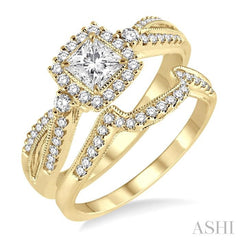 5/8 Ctw Diamond Wedding Set with 1/2 Ctw Princess Cut Engagement Ring and 1/6 Ctw Wedding Band in 14K Yellow Gold