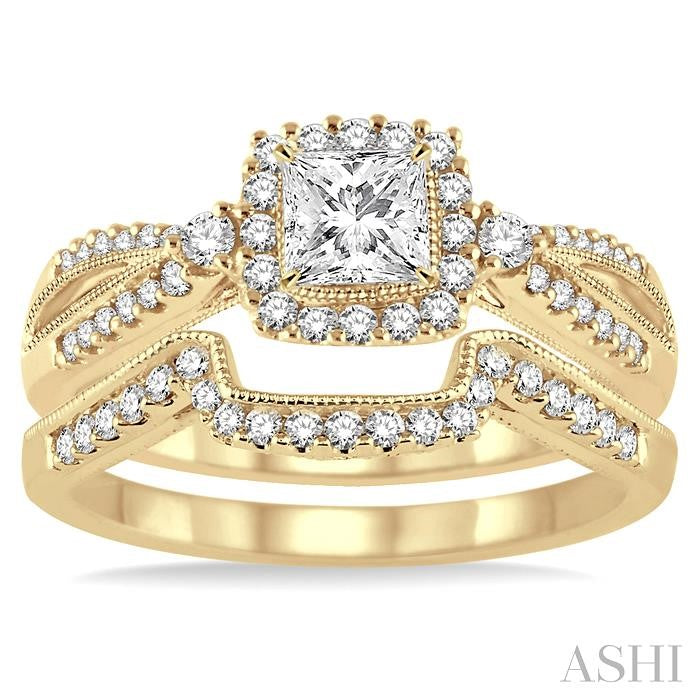 5/8 Ctw Diamond Wedding Set with 1/2 Ctw Princess Cut Engagement Ring and 1/6 Ctw Wedding Band in 14K Yellow Gold