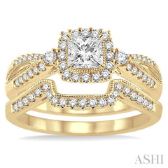 5/8 Ctw Diamond Wedding Set with 1/2 Ctw Princess Cut Engagement Ring and 1/6 Ctw Wedding Band in 14K Yellow Gold