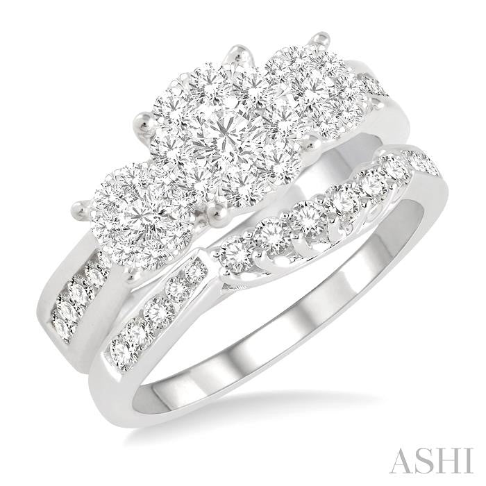 1 1/10 Ctw Lovebright Diamond Wedding Set With 3/4 Ctw Circular Tri-Mount Engagement Ring and 1/3 Ctw Straight Row Wedding Band in 14K White Gold