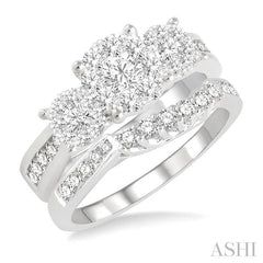 1 1/10 Ctw Lovebright Diamond Wedding Set With 3/4 Ctw Circular Tri-Mount Engagement Ring and 1/3 Ctw Straight Row Wedding Band in 14K White Gold