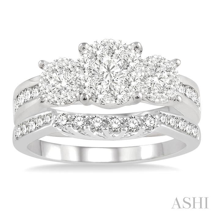 1 1/10 Ctw Lovebright Diamond Wedding Set With 3/4 Ctw Circular Tri-Mount Engagement Ring and 1/3 Ctw Straight Row Wedding Band in 14K White Gold