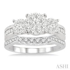 1 1/10 Ctw Lovebright Diamond Wedding Set With 3/4 Ctw Circular Tri-Mount Engagement Ring and 1/3 Ctw Straight Row Wedding Band in 14K White Gold