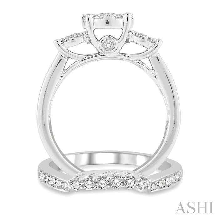 1 1/10 Ctw Lovebright Diamond Wedding Set With 3/4 Ctw Circular Tri-Mount Engagement Ring and 1/3 Ctw Straight Row Wedding Band in 14K White Gold