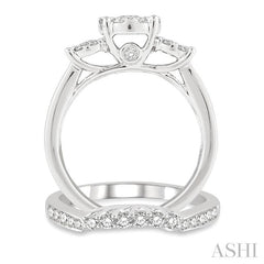 1 1/10 Ctw Lovebright Diamond Wedding Set With 3/4 Ctw Circular Tri-Mount Engagement Ring and 1/3 Ctw Straight Row Wedding Band in 14K White Gold