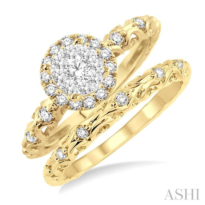 1/2 Ctw Diamond Lovebright Wedding Set with 3/8 Ctw Round Cut Engagement Ring and 1/20 Ctw Wedding Band in 14K Yellow and White Gold