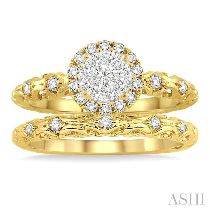 1/2 Ctw Diamond Lovebright Wedding Set with 3/8 Ctw Round Cut Engagement Ring and 1/20 Ctw Wedding Band in 14K Yellow and White Gold