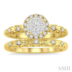 1/2 Ctw Diamond Lovebright Wedding Set with 3/8 Ctw Round Cut Engagement Ring and 1/20 Ctw Wedding Band in 14K Yellow and White Gold