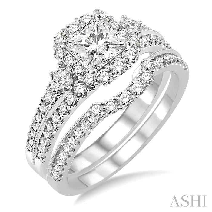 1 1/2 Ctw Diamond Wedding Set with 1 1/5 Ctw Princess Cut Engagement Ring and 1/4 Ctw Wedding Band in 14K White Gold