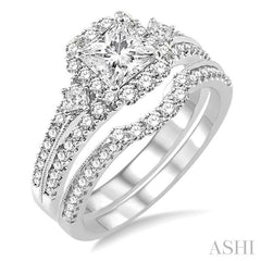 1 1/2 Ctw Diamond Wedding Set with 1 1/5 Ctw Princess Cut Engagement Ring and 1/4 Ctw Wedding Band in 14K White Gold