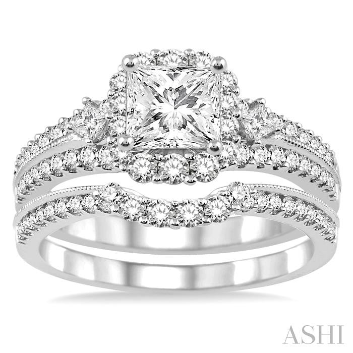 1 1/2 Ctw Diamond Wedding Set with 1 1/5 Ctw Princess Cut Engagement Ring and 1/4 Ctw Wedding Band in 14K White Gold