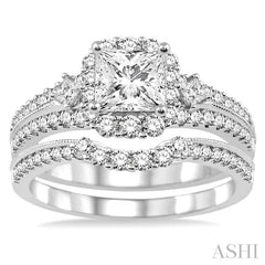 1 1/2 Ctw Diamond Wedding Set with 1 1/5 Ctw Princess Cut Engagement Ring and 1/4 Ctw Wedding Band in 14K White Gold