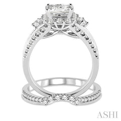 1 1/2 Ctw Diamond Wedding Set with 1 1/5 Ctw Princess Cut Engagement Ring and 1/4 Ctw Wedding Band in 14K White Gold