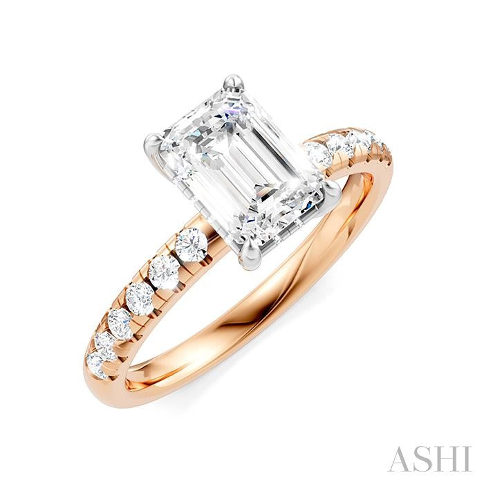 1/3 Ctw Emerald Shape Round Cut Diamond Semi-Mount Engagement Ring in 14K Rose and White Gold