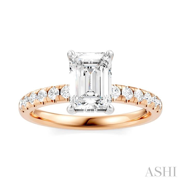 1/3 Ctw Emerald Shape Round Cut Diamond Semi-Mount Engagement Ring in 14K Rose and White Gold