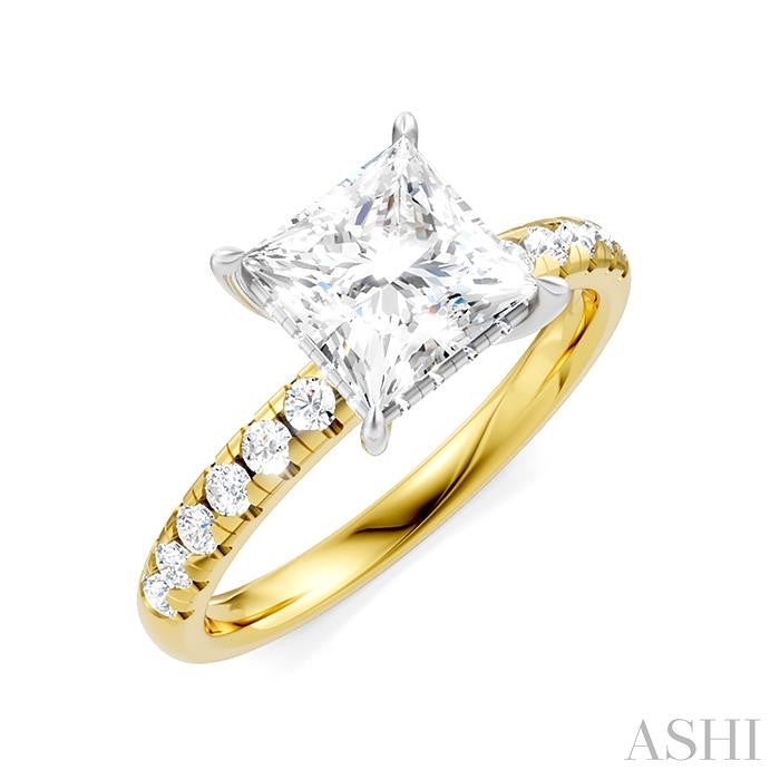 1/3 Ctw Princess Shape Round Cut Diamond Semi-Mount Engagement Ring in 14K Yellow and White Gold