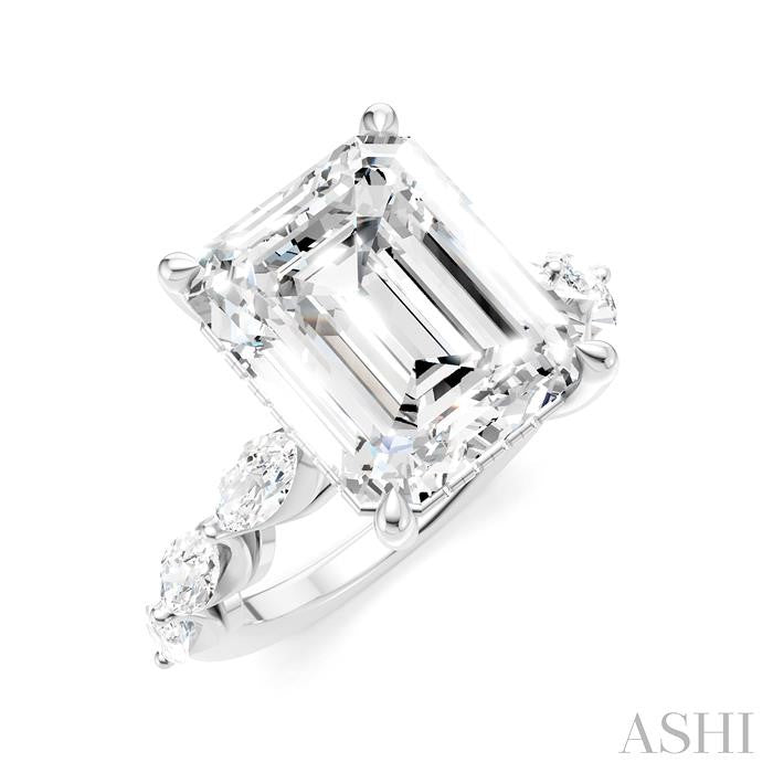 1 Ctw Emerald Shape Marquise and Round Cut Diamond Semi-Mount Engagement Ring in 14K White Gold