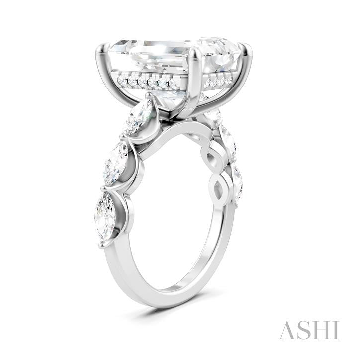 1 Ctw Emerald Shape Marquise and Round Cut Diamond Semi-Mount Engagement Ring in 14K White Gold