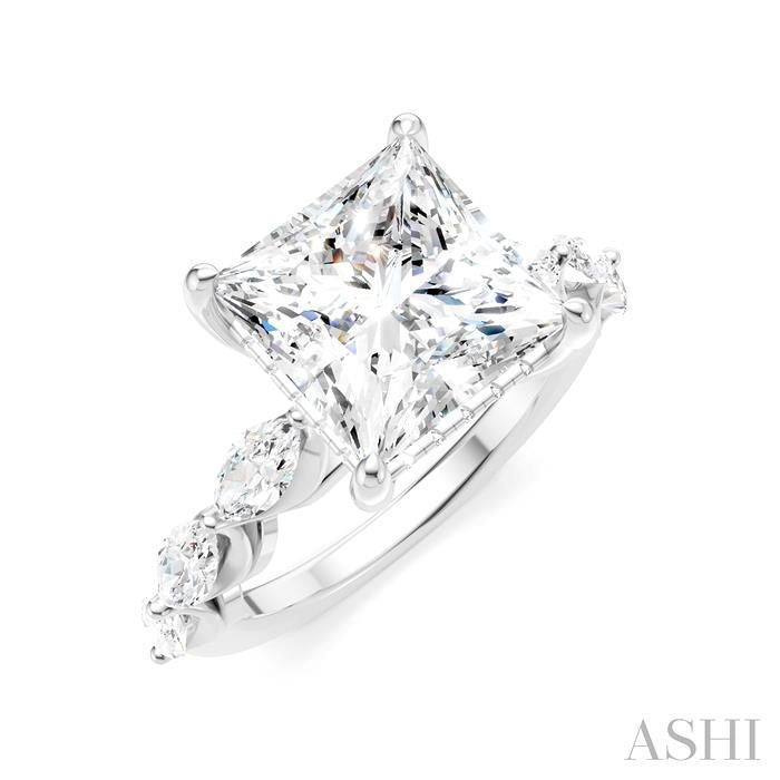 1 Ctw Princess Shape Marquise and Round Cut Diamond Semi-Mount Engagement Ring in 14K White Gold