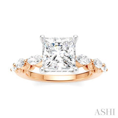 3/4 Ctw Princess Shape Marquise and Round Cut Diamond Semi-Mount Engagement Ring in 14K Rose and White Gold