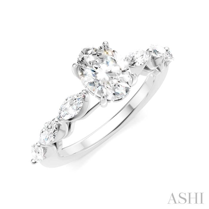 5/8 Ctw Oval Shape Marquise and Round Cut Diamond Semi-Mount Engagement Ring in 14K White Gold