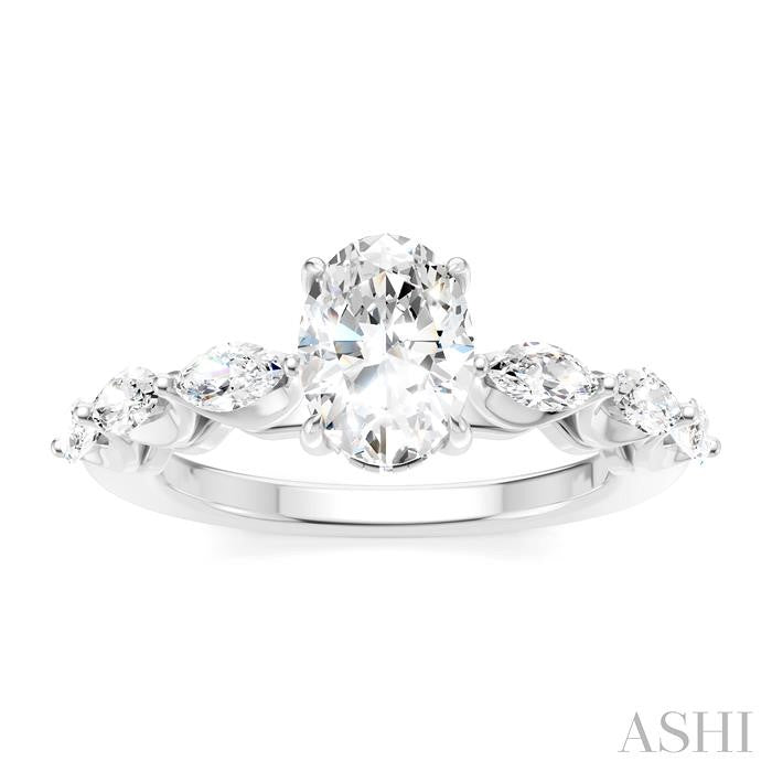 5/8 Ctw Oval Shape Marquise and Round Cut Diamond Semi-Mount Engagement Ring in 14K White Gold