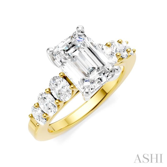 1 Ctw Emerald Shape Oval and Round Cut Diamond Semi-Mount Engagement Ring in 14K Yellow and White Gold