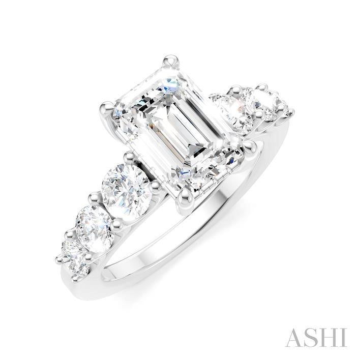 1 1/10 Ctw Emerald Shape Round Cut Diamond Semi-Mount Engagement Ring in 14K White Gold